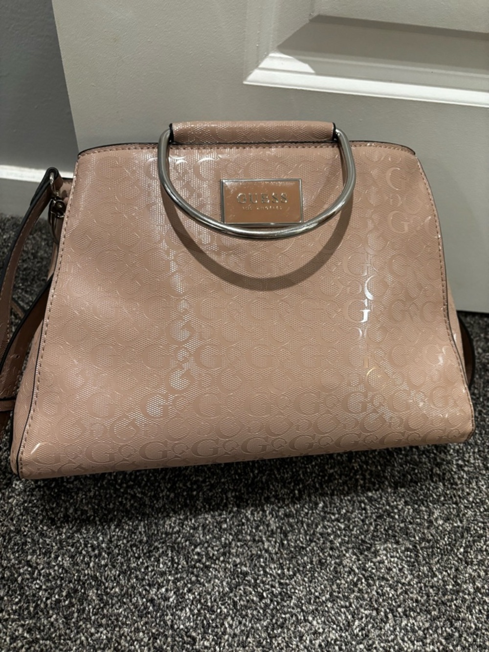 GUESS Nude Pink Patent Dome Satchel with Silver Handles